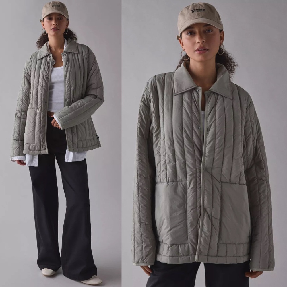 RAINS || Banja Liner Overshirt Quilted Jacket in Pale Sage Green Beige M